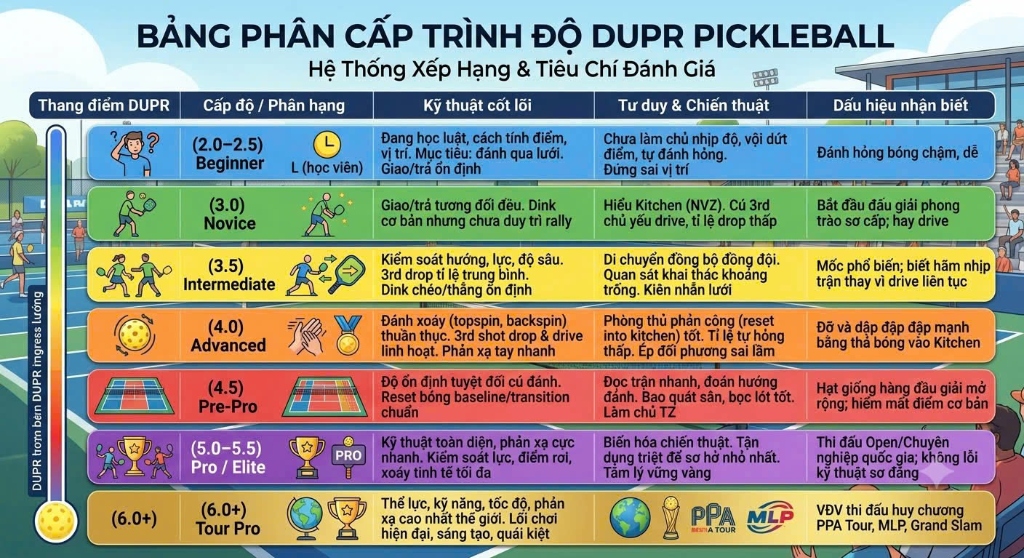 Bảng phân cấp trình độ DUPR Pickleball